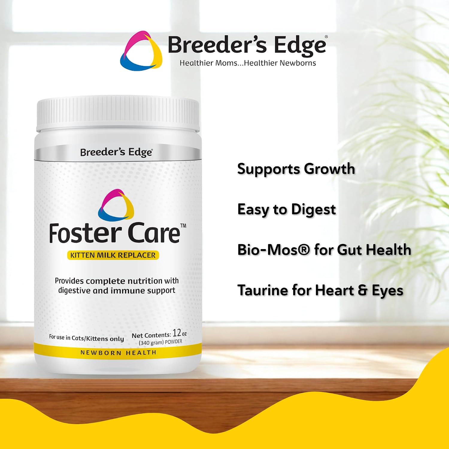 Breeder's Edge kitten formula showing Bio-Mos and taurine support label details