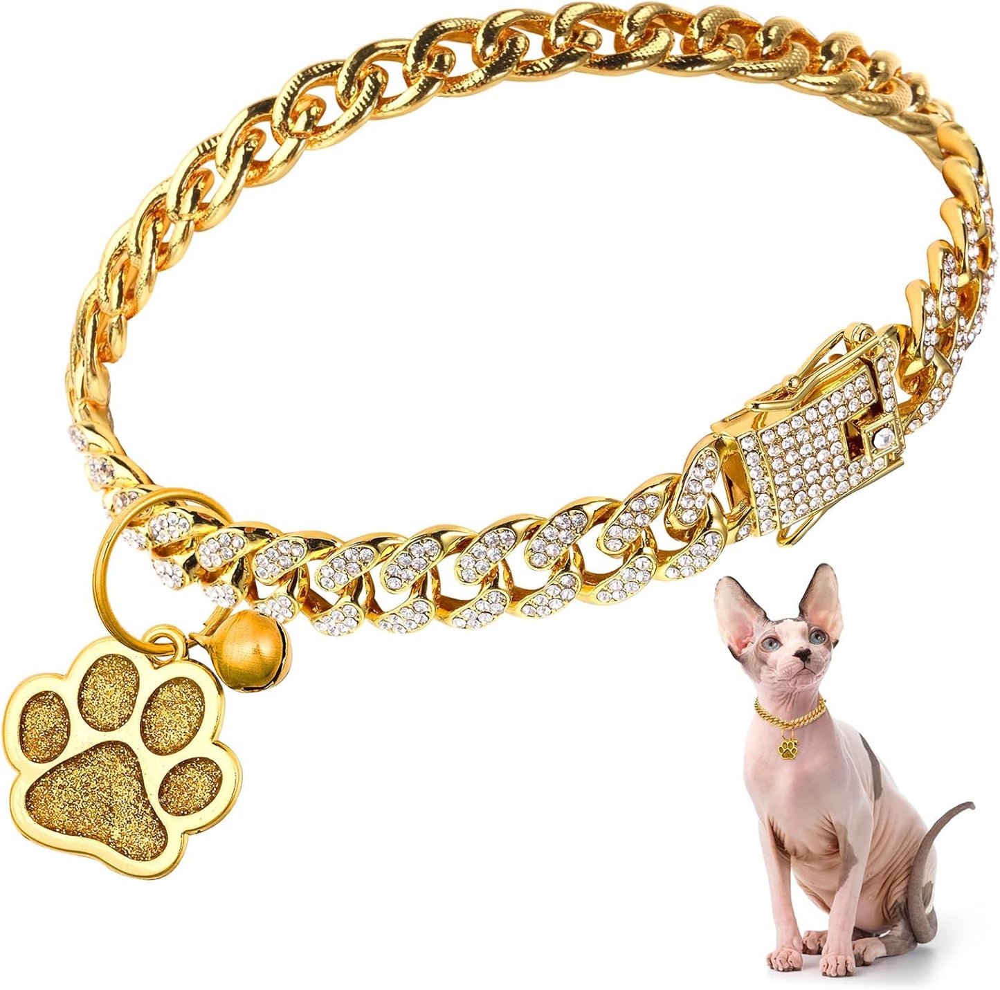 Hillban cat collar diamond chain gold front view showing sparkling Cuban links and paw charm.