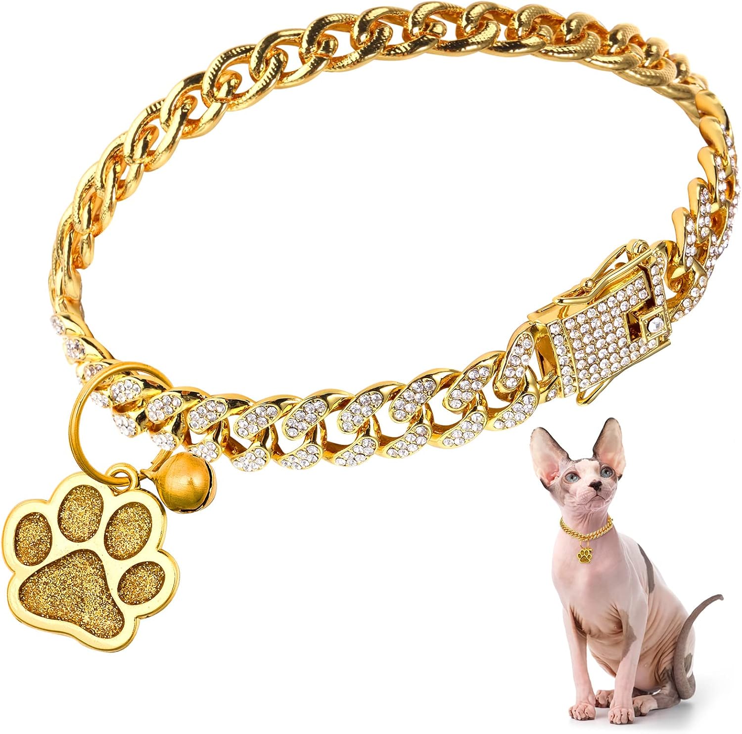 Hillban cat collar diamond chain gold front view showing sparkling Cuban links and paw charm.