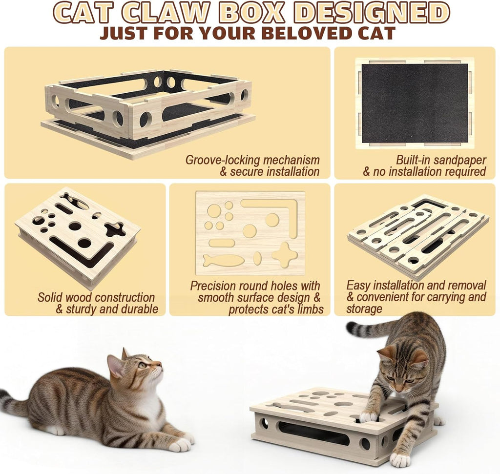 Large wooden cat nail file box with treat maze paths for interactive play