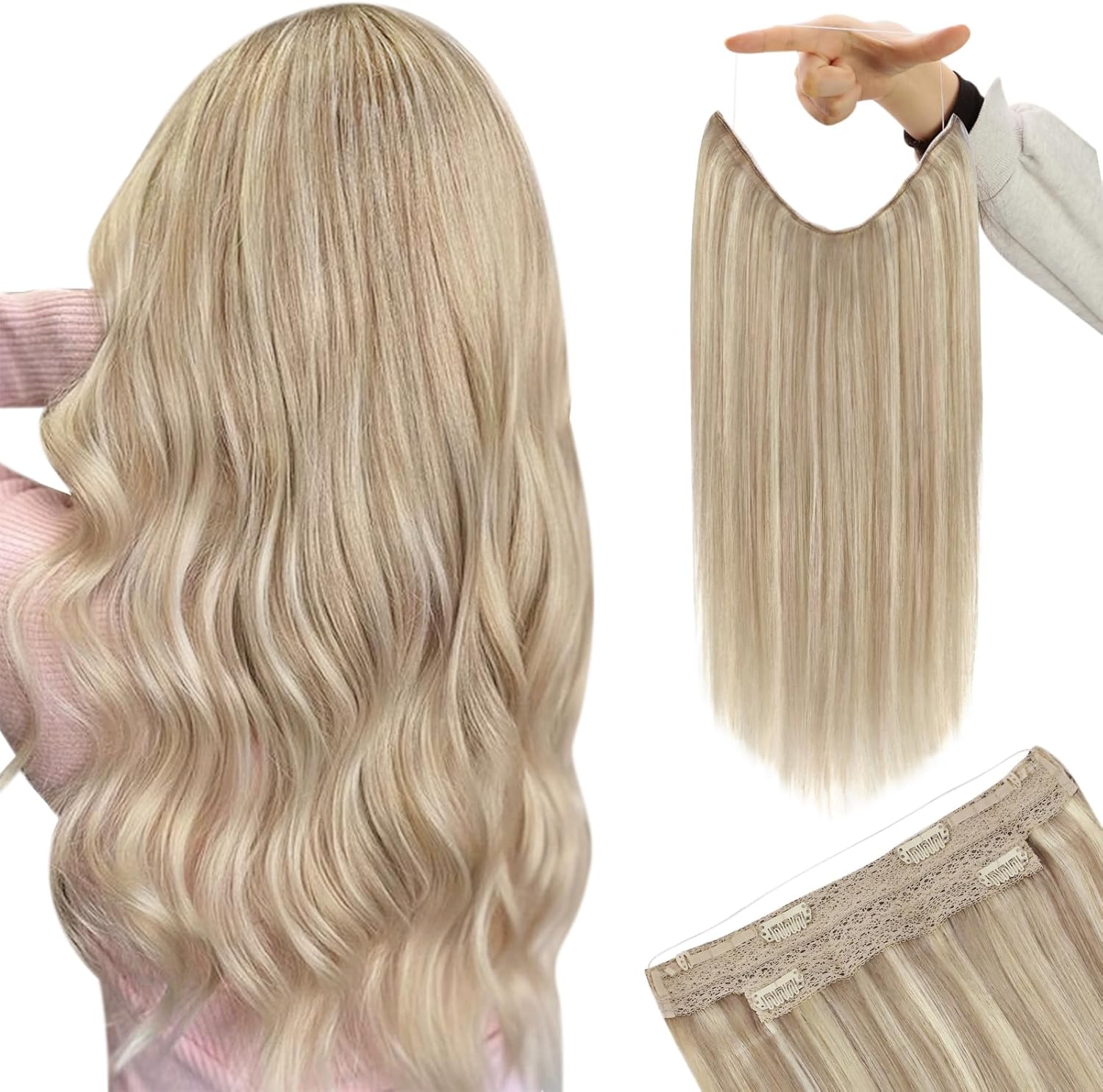 YoungSee 18 Inch Invisible Wire Hair Extensions front view showing dirty blonde highlights human hair
