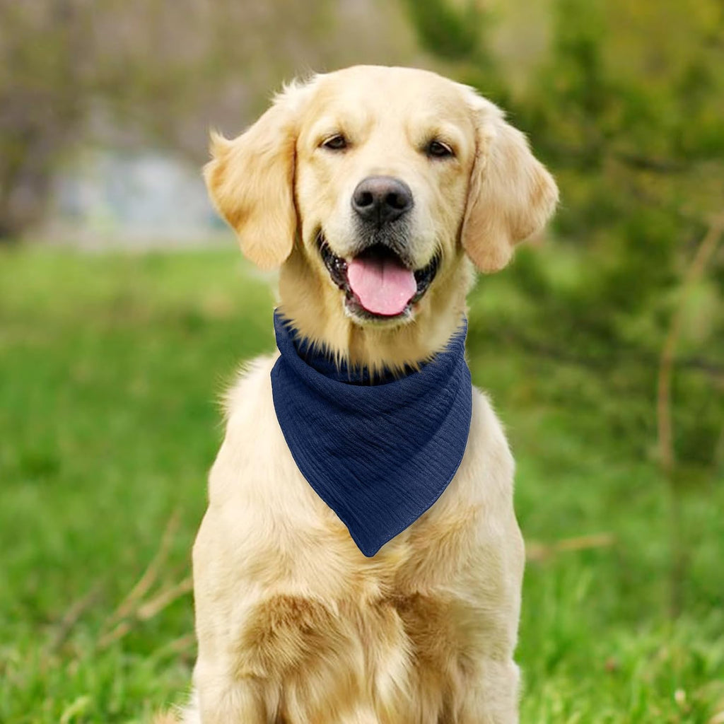 Side profile of the solid color navy dog bandana illustrating the comfortable fit.
