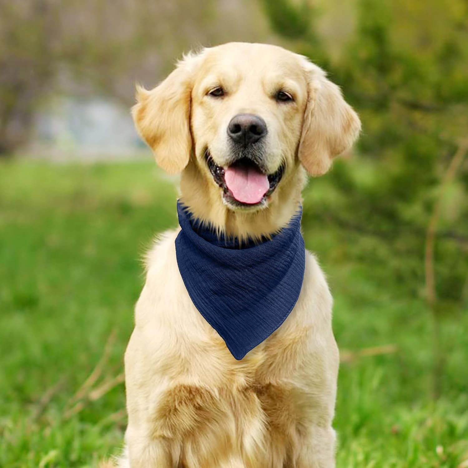 Side profile of the solid color navy dog bandana illustrating the comfortable fit.