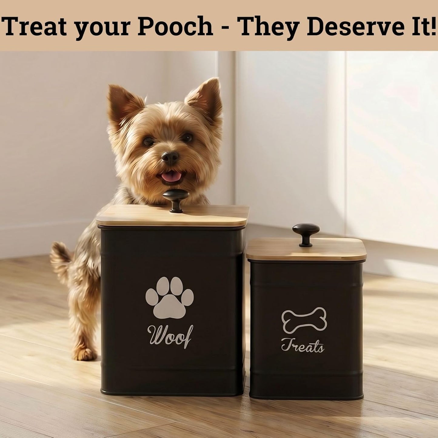 Dog Treat Container Airtight Set of 2 - 8x6 & 7x5 inch Iron Dog Treat Jars for Kitchen Counter with Airtight Bamboo Lids - 20 Cup Capacity Pet Treat Container Set - Doggie Cookie Jar - Treats Canister - Image 9