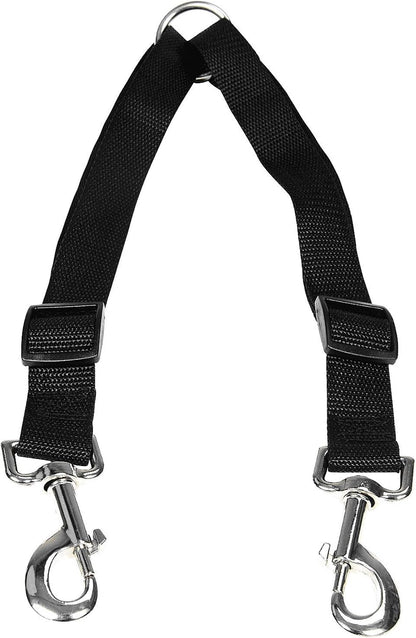 STGOOD No Tangle Dog Leash Coupler front view showing adjustable black nylon straps and stainless steel hardware.