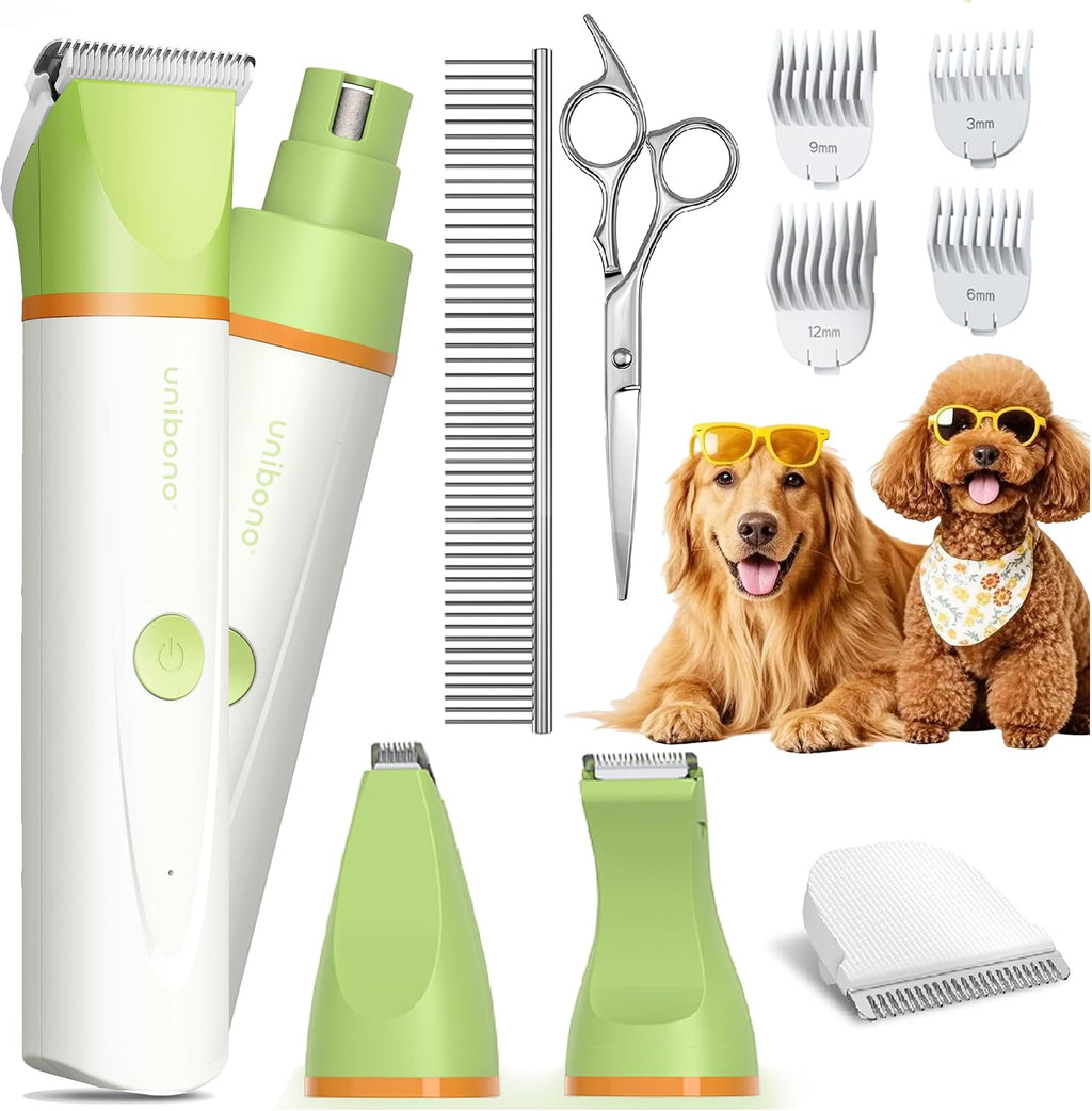 Unibono small animal shaver showing the comprehensive accessories for home pet styling.