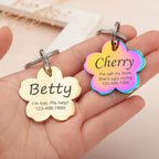 Durable personalized pet name plate with matching split ring attachments.