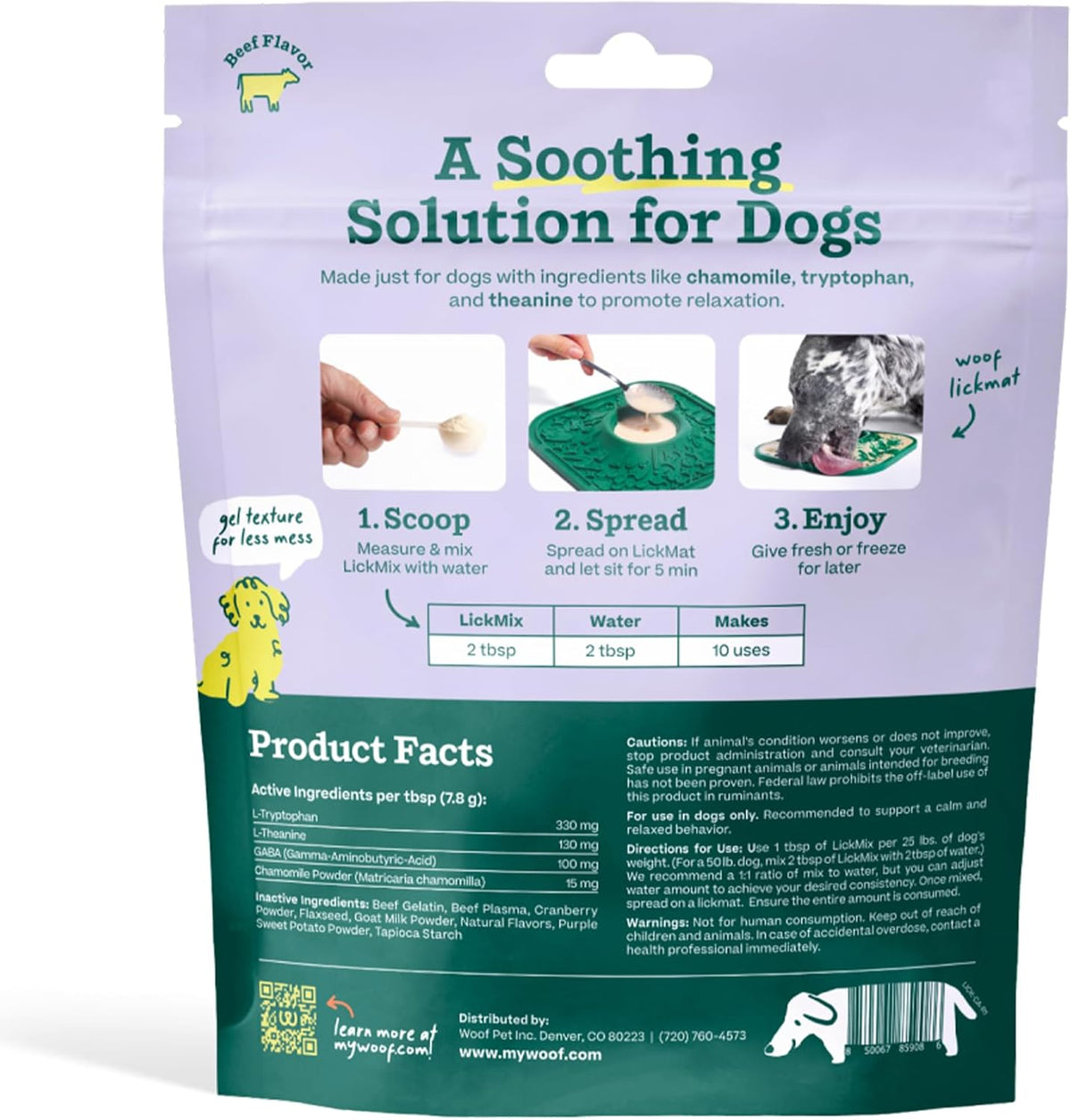 Woof LickMixes low calorie beef flavor meal topper powder bag close up view