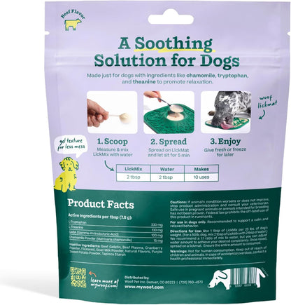 Woof LickMixes low calorie beef flavor meal topper powder bag close up view