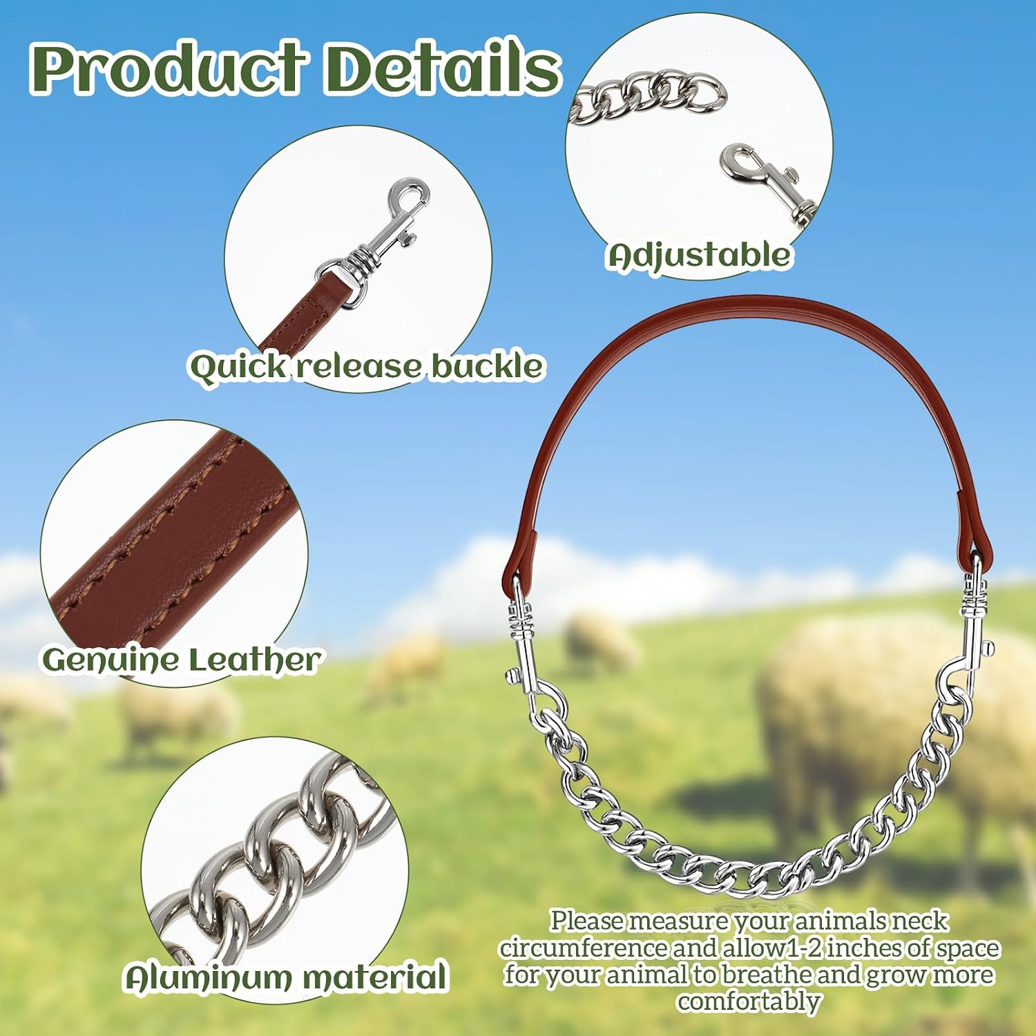Close up of the durable iron chain link and soft artificial leather handle on the Misdary animal collar