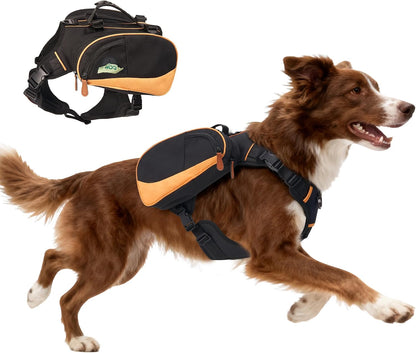 Xuvira dog backpack black and orange front view for medium dogs