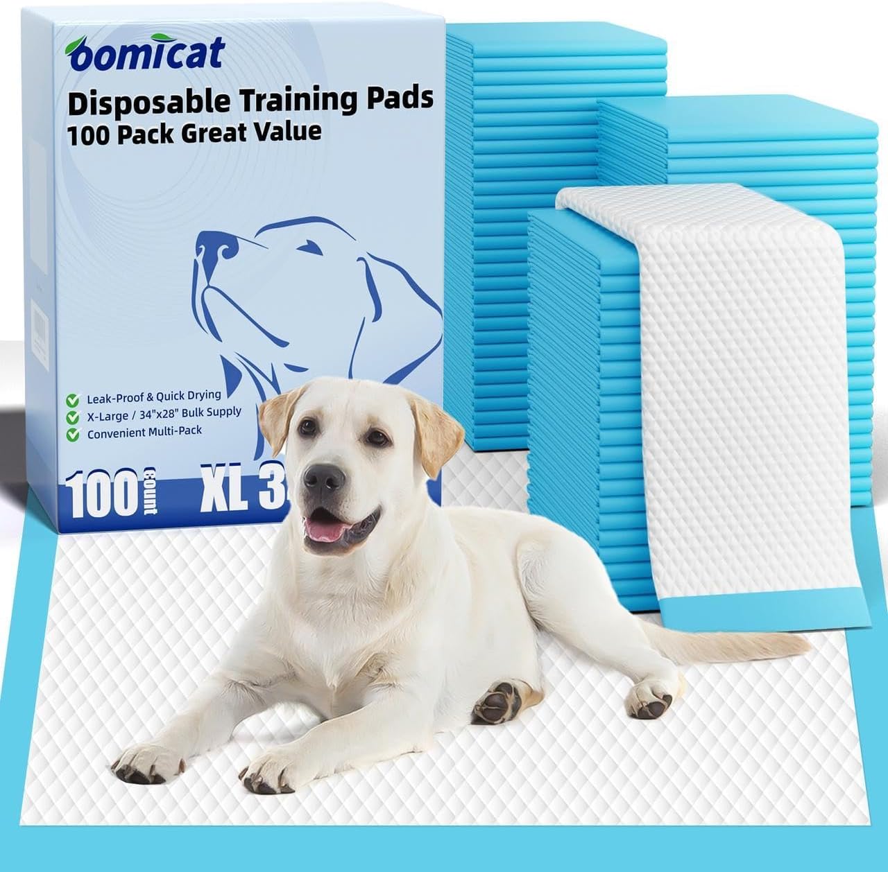 Oomicat Extra Large Dog Training Pads 100 Count front package view on a clean floor.