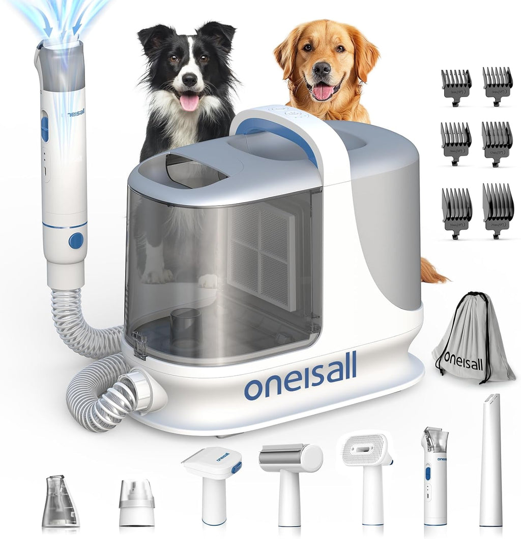 Oneisall dog grooming vacuum front view with three liter dust cup and attachments.