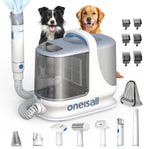 Oneisall dog grooming vacuum front view with three liter dust cup and attachments.