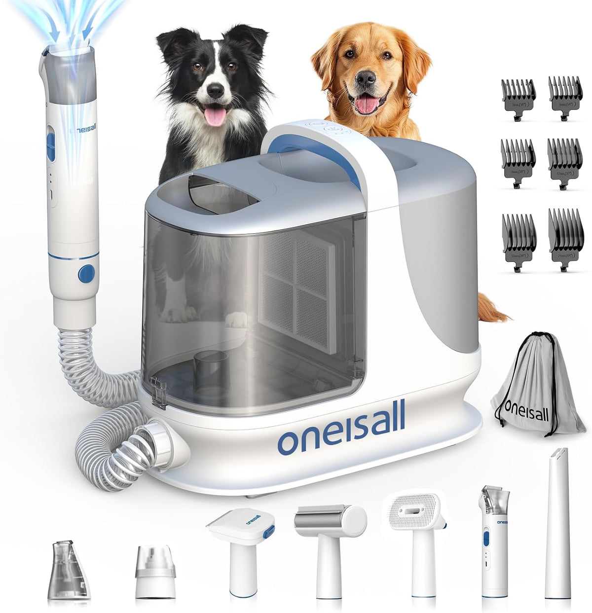 Oneisall dog grooming vacuum front view with three liter dust cup and attachments.