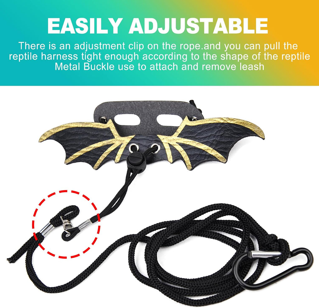 Black adjustable lizard costume harness being fitted on a small reptile