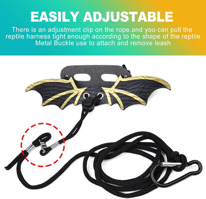 Black adjustable lizard costume harness being fitted on a small reptile