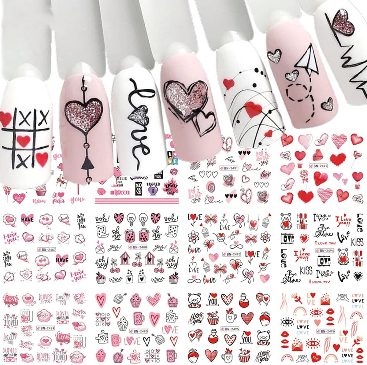Mangoit Valentine's Day nail stickers front view showing heart designs