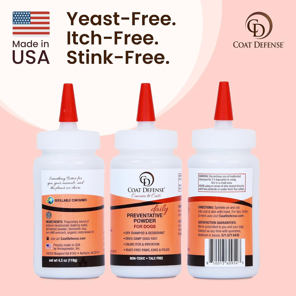 Coat Defense dry shampoo powder for dog skin health
