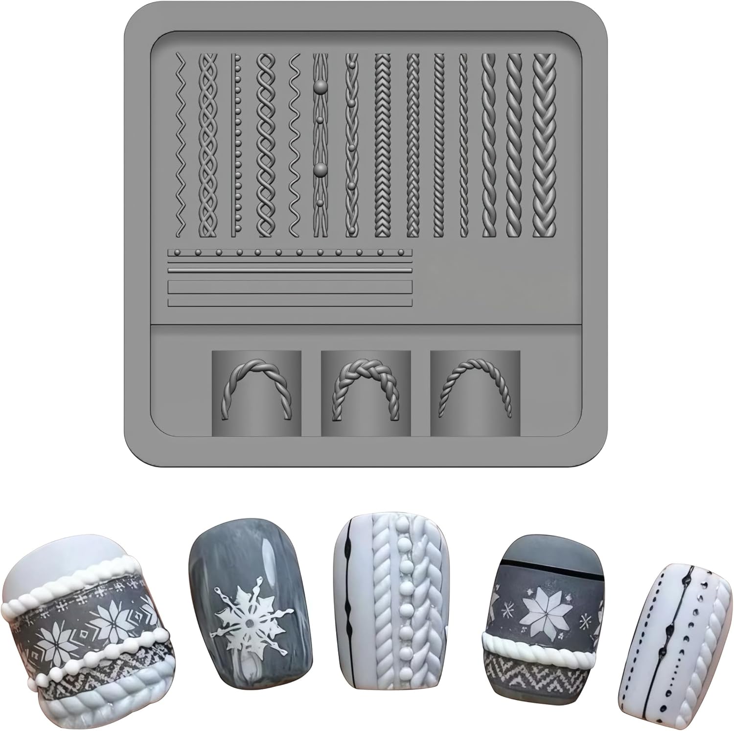 Gehaiwo Lace Nail Mold Silicone Tools front view showing intricate French yarn and cable knit patterns.