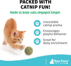 Cat playing interactively with natural catnip ball toy indoors.