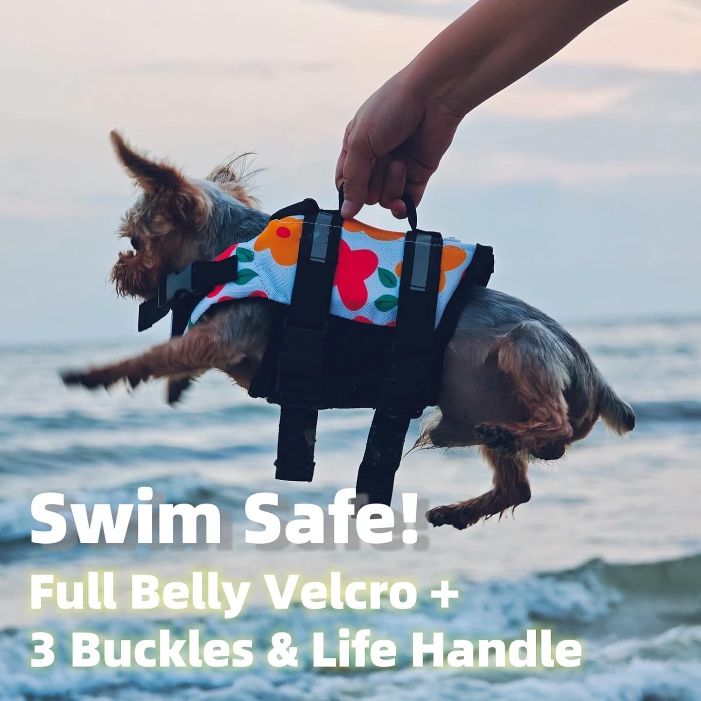 YorkieGogo pet flotation aid side view displaying the highly visible reflective safety strips.