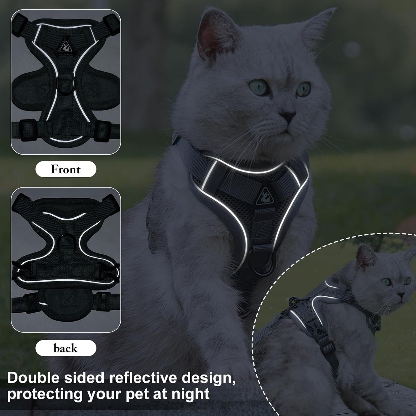 Reflective mesh cat walking harness back view with metal ring