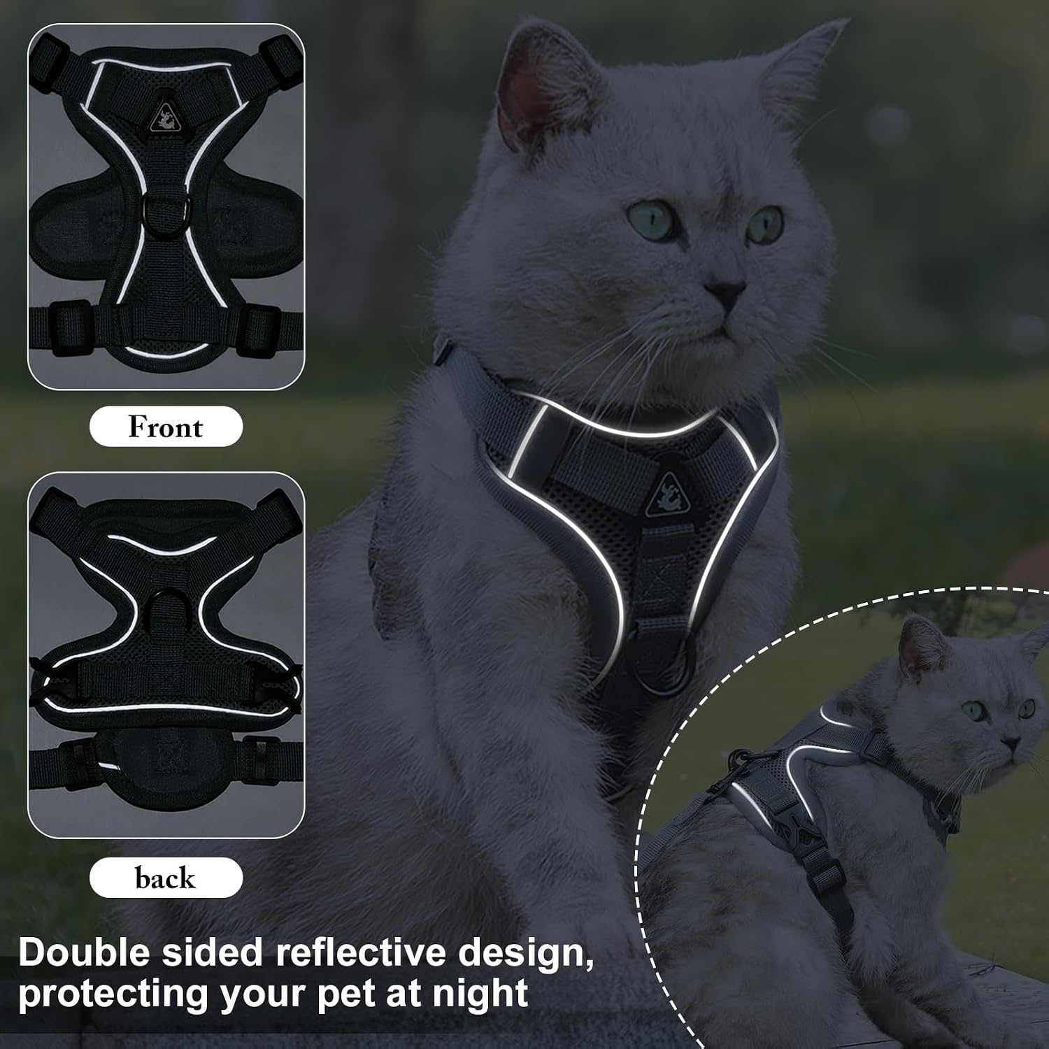 Reflective mesh cat walking harness back view with metal ring