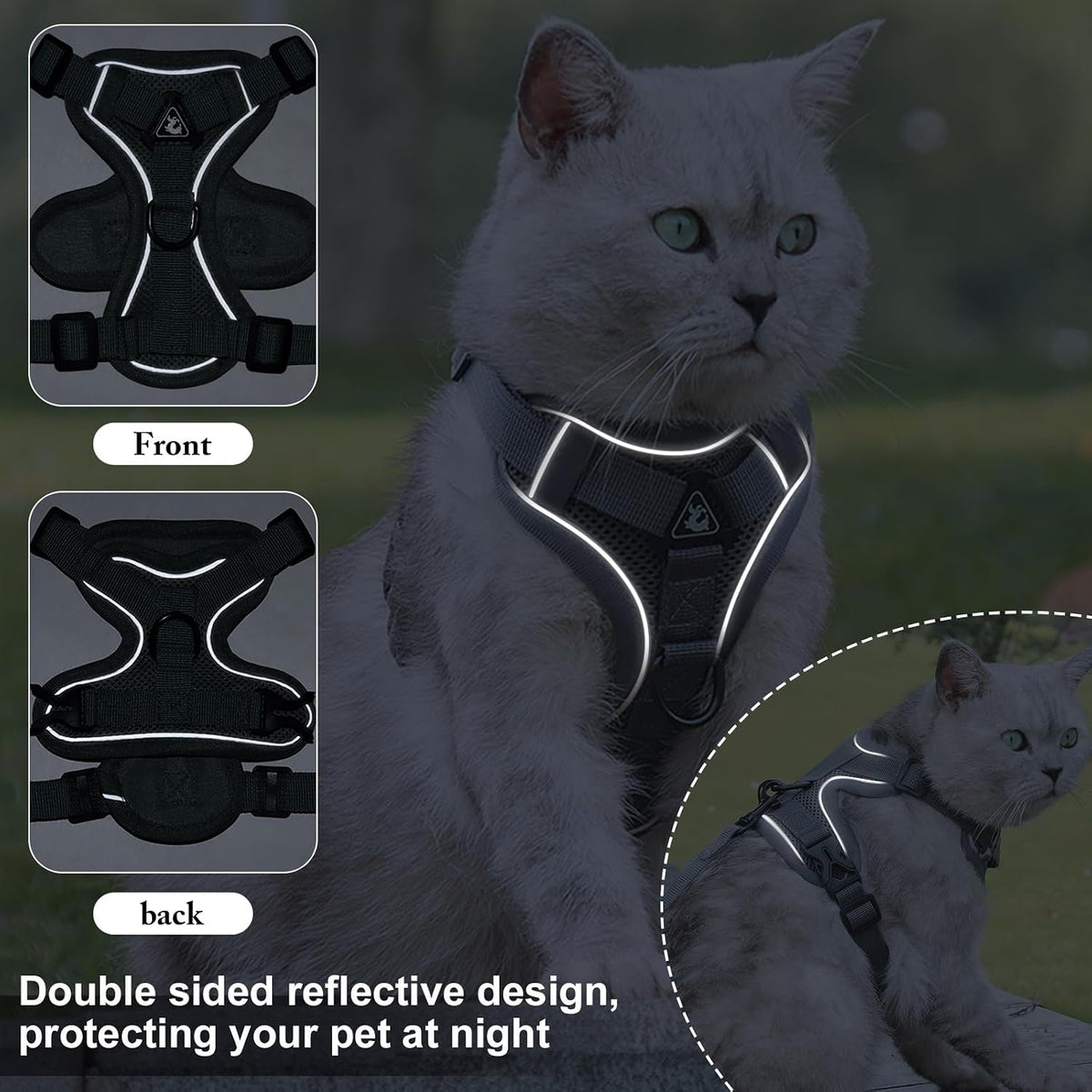Reflective mesh cat walking harness back view with metal ring