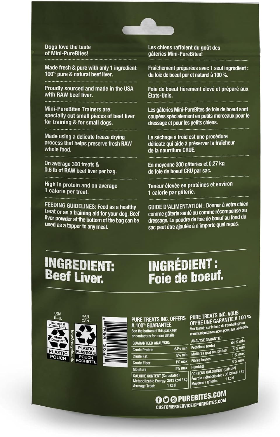 PureBites freeze dried raw beef liver trainers showing miniature treat sizes for small dogs