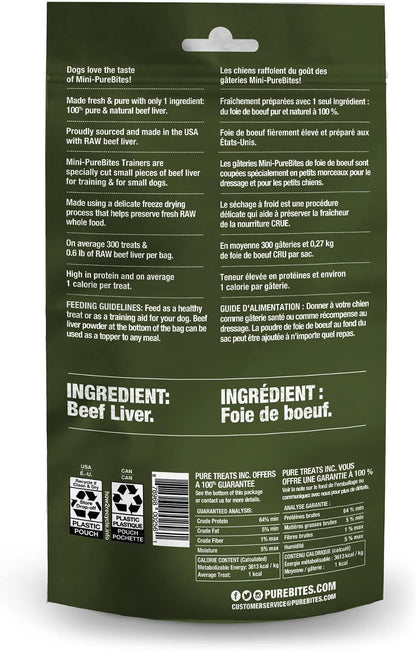 PureBites freeze dried raw beef liver trainers showing miniature treat sizes for small dogs