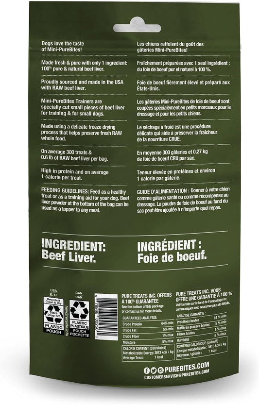 PureBites freeze dried raw beef liver trainers showing miniature treat sizes for small dogs