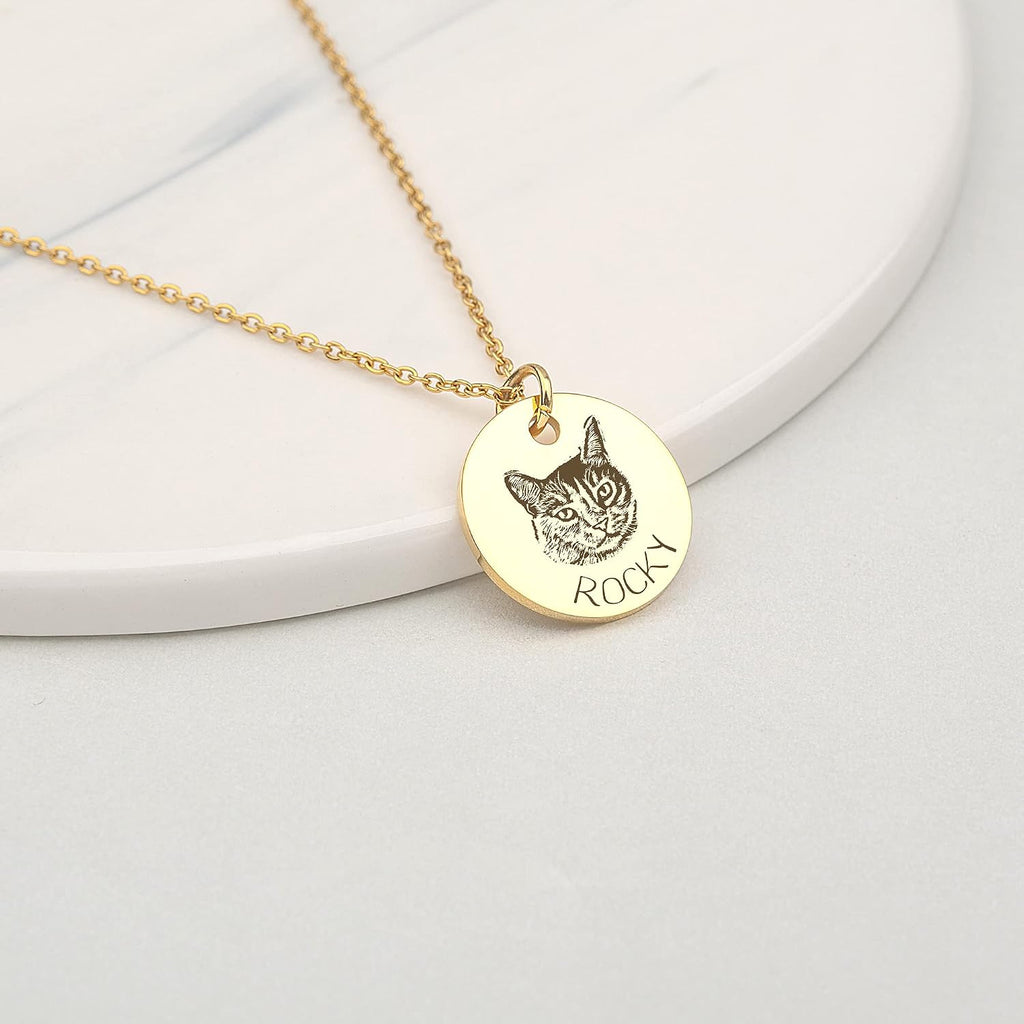 Person wearing Anavia engraved pet portrait disc necklace