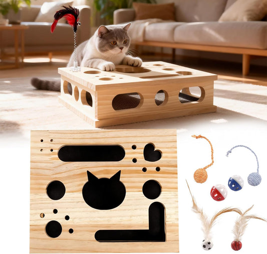 Helmxlnq cat nail file enrichment box front view showcasing wooden maze structure