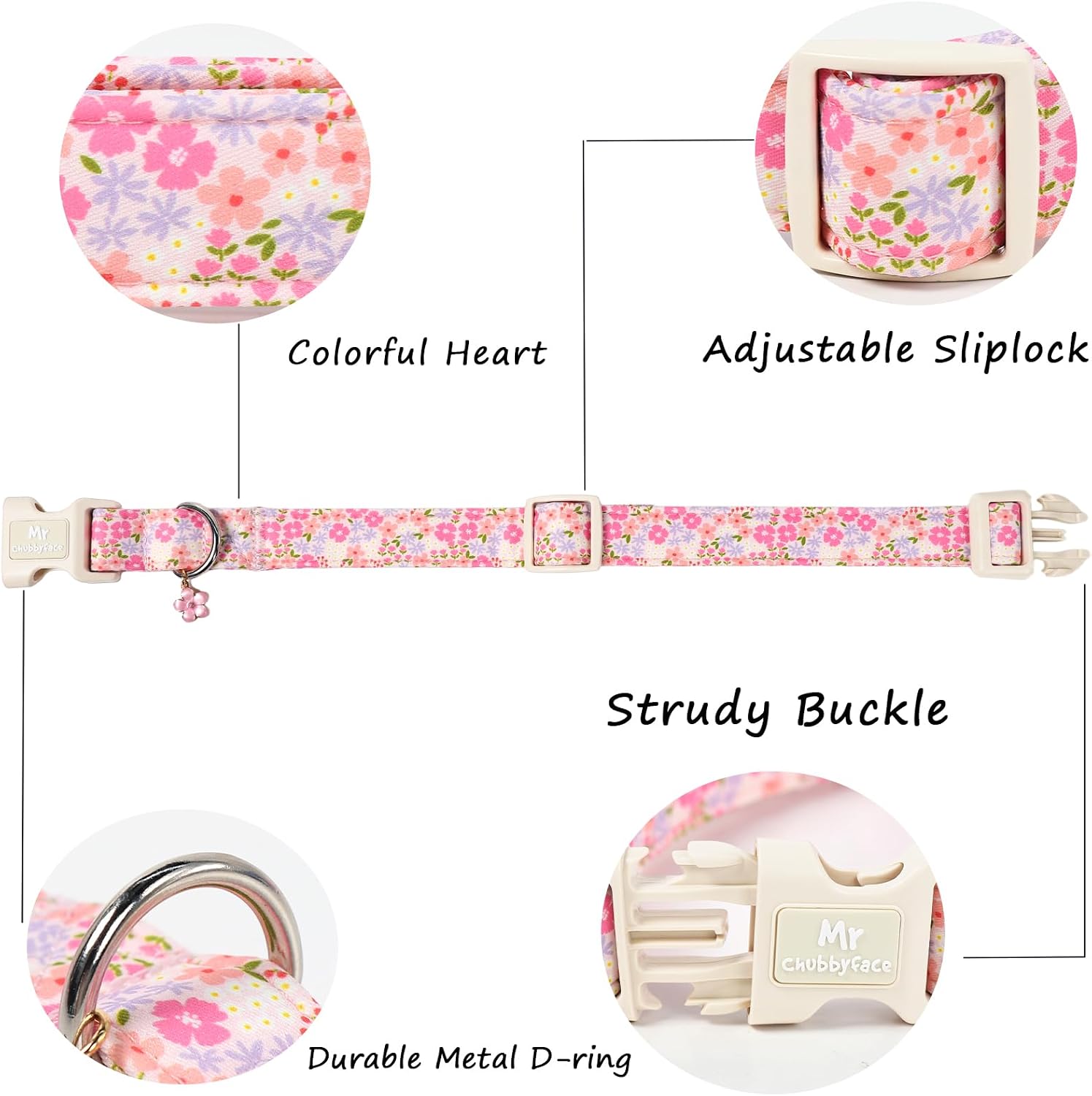 Close up of Mr. Chubbyface floral collar with bow tie