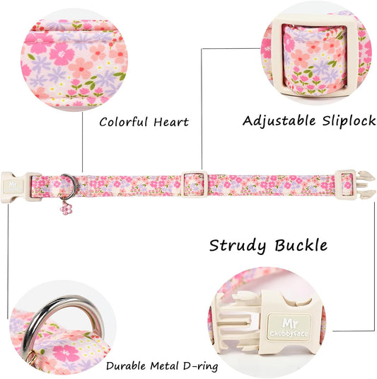 Close up of Mr. Chubbyface floral collar with bow tie