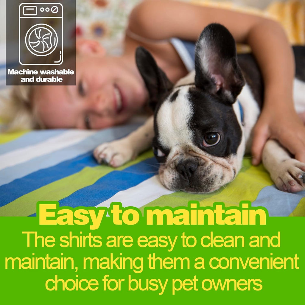 Small dog wearing colorful striped sleeveless cotton shirt