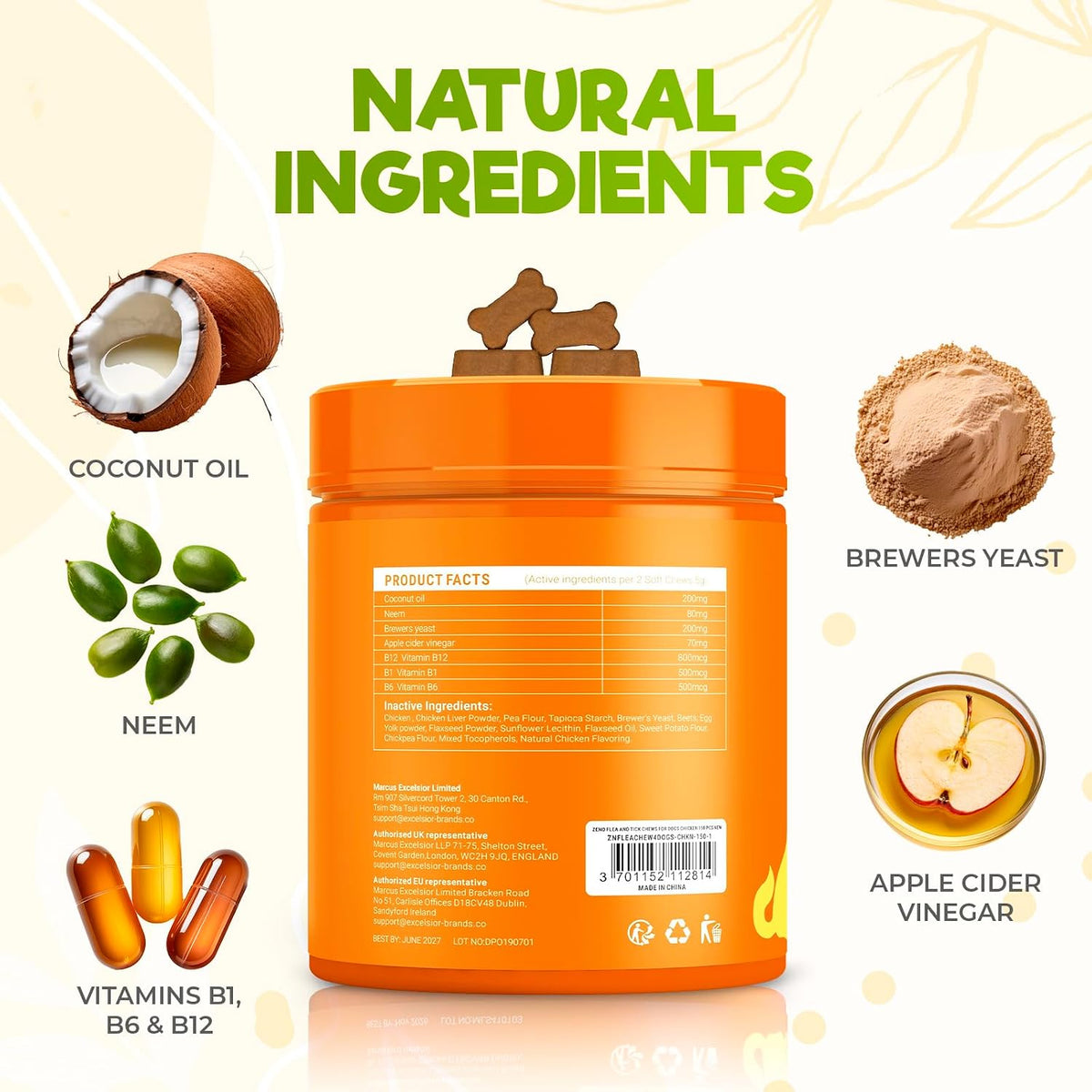 Chicken flavored dog treats for flea and tick defense product label view.