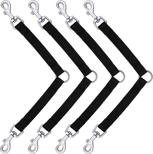 Reginary No Tangle Dog Leash Couplers pack of four in a front view showcasing the heavy duty black nylon construction.