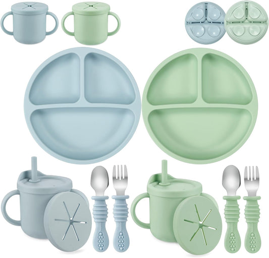 PandaEar silicone baby feeding set front view with plates and utensils