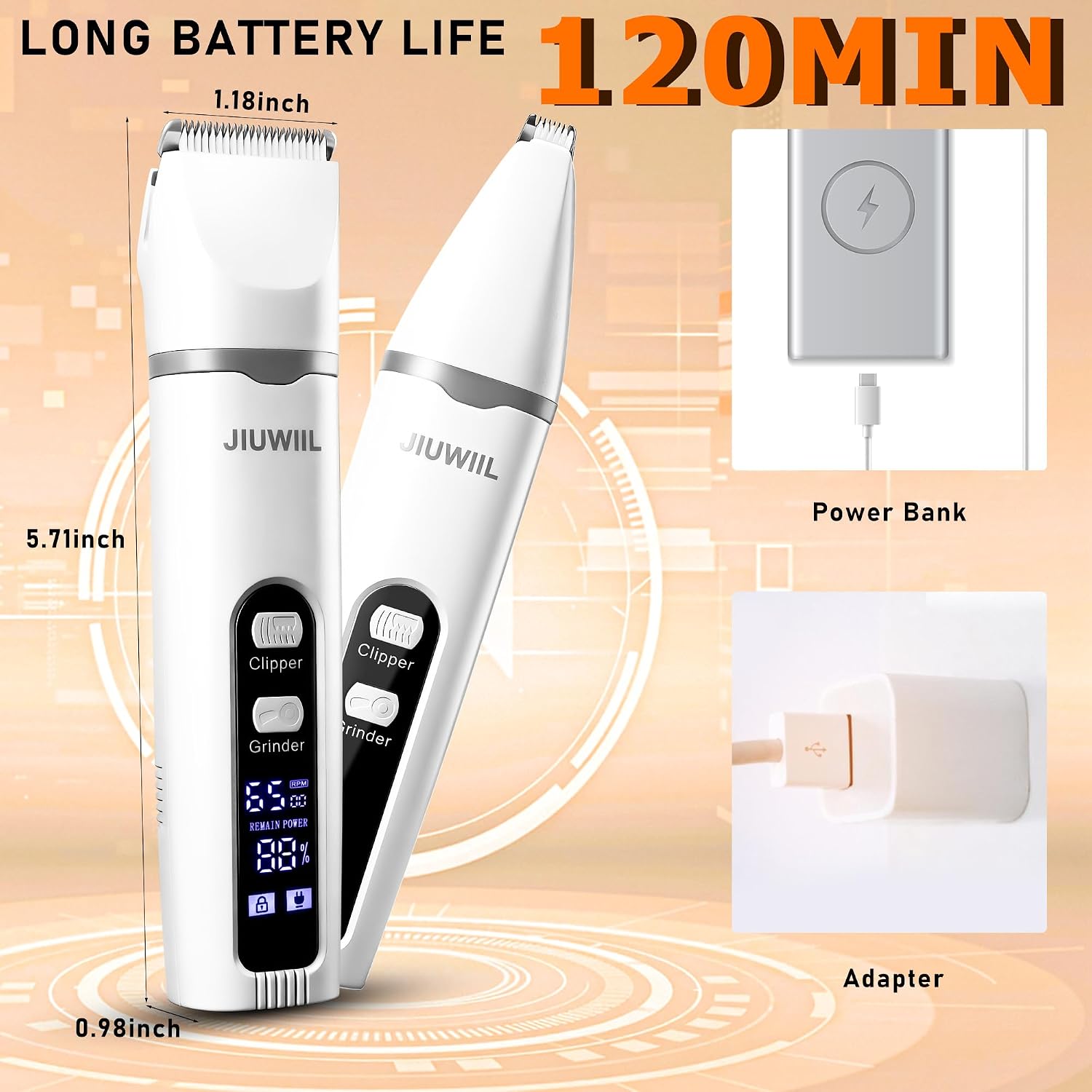 Close up of the liquid crystal display screen on the JIUWIIL dog hair clipper