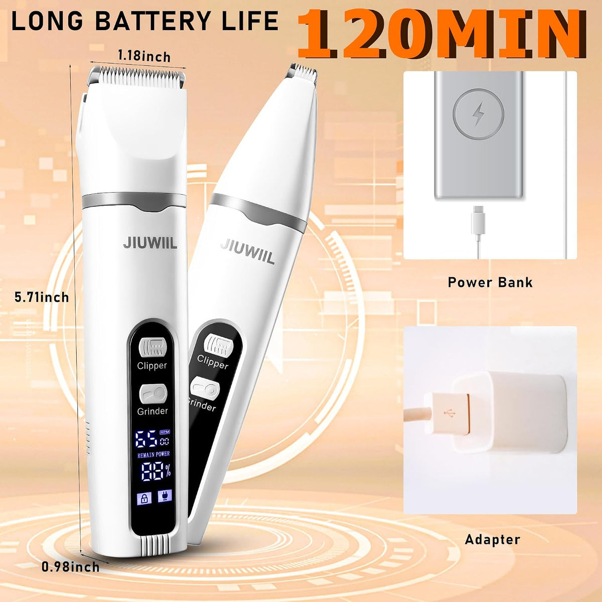 Close up of the liquid crystal display screen on the JIUWIIL dog hair clipper