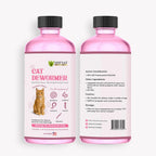 Shevat Vitamins Chicken Flavor Liquid Cat Dewormer front packaging showing two fluid ounces bottle
