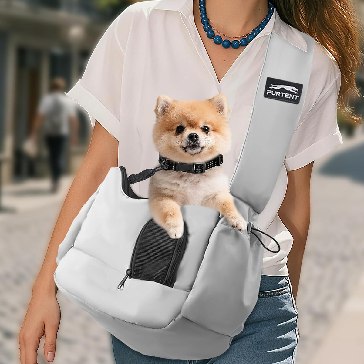 Furtent dog carrier sling grey front view hands-free pet bag