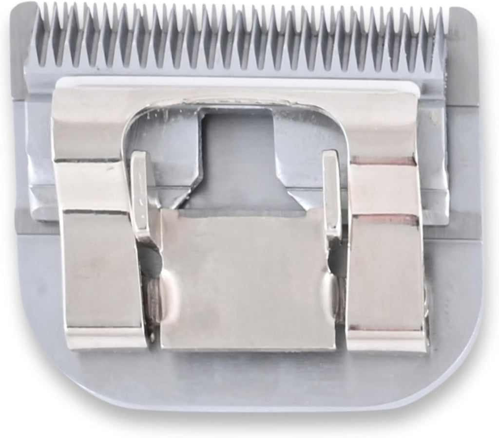 Geib high carbon steel pet clipper blade resting on a clean grooming table