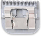 Geib high carbon steel pet clipper blade resting on a clean grooming table