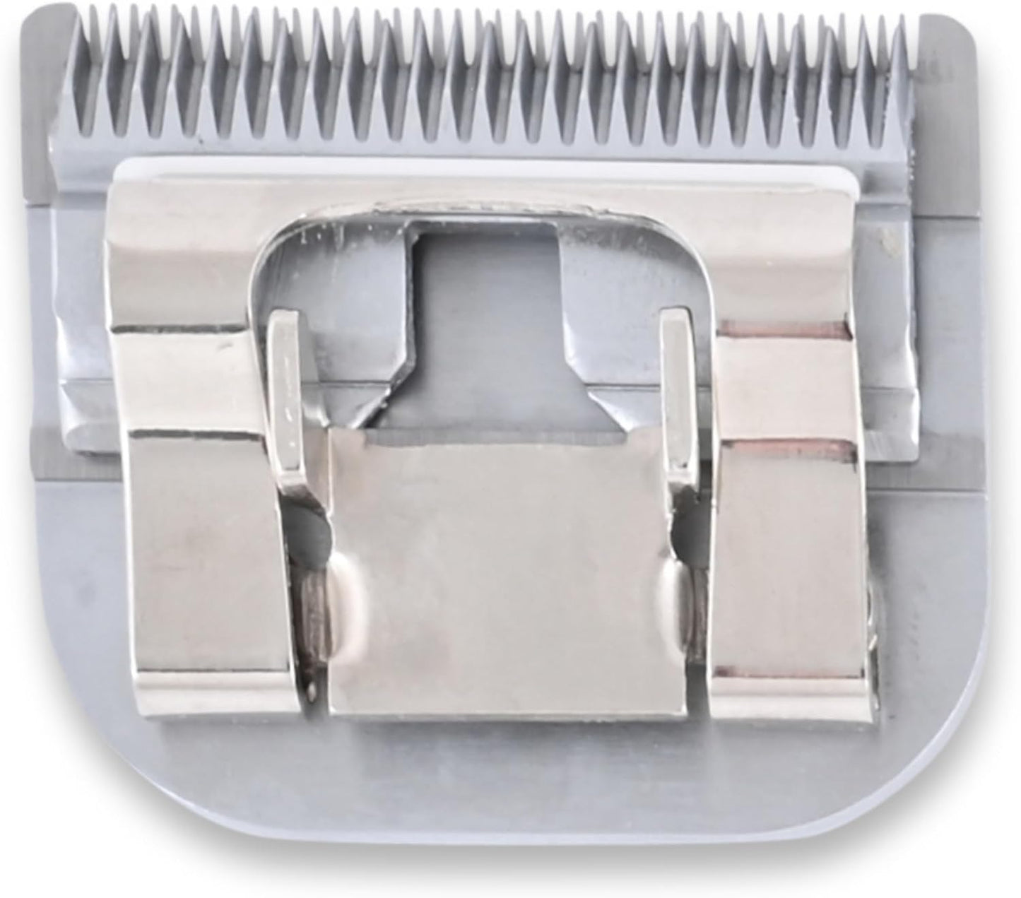 Geib high carbon steel pet clipper blade resting on a clean grooming table
