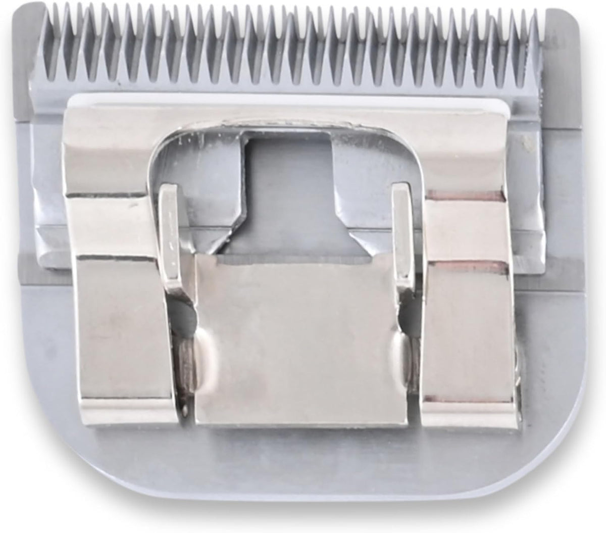 Geib high carbon steel pet clipper blade resting on a clean grooming table