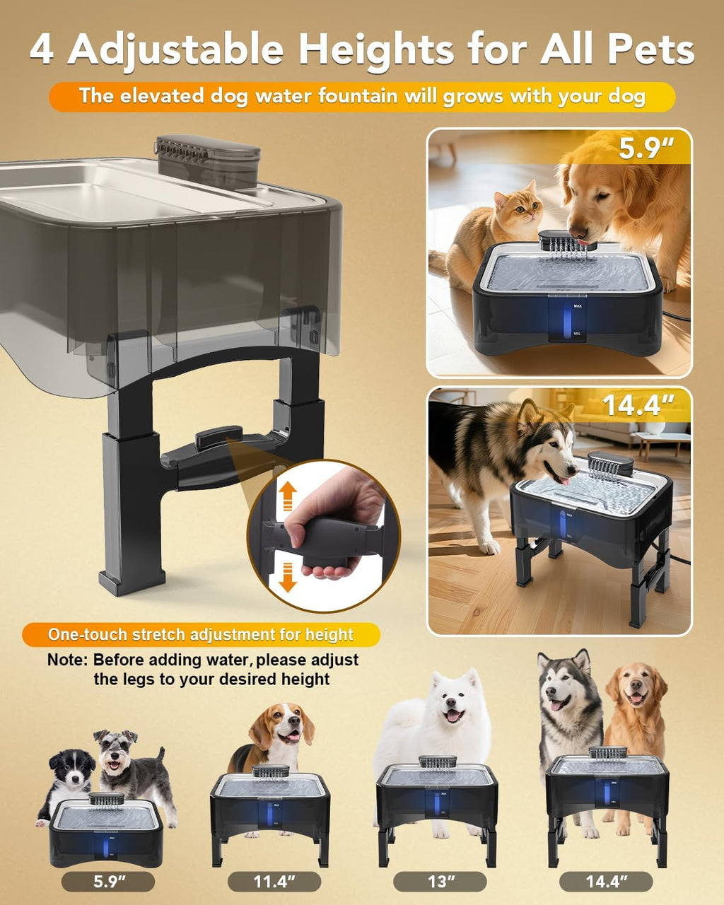 Side profile of Upsky elevated pet drinking fountain