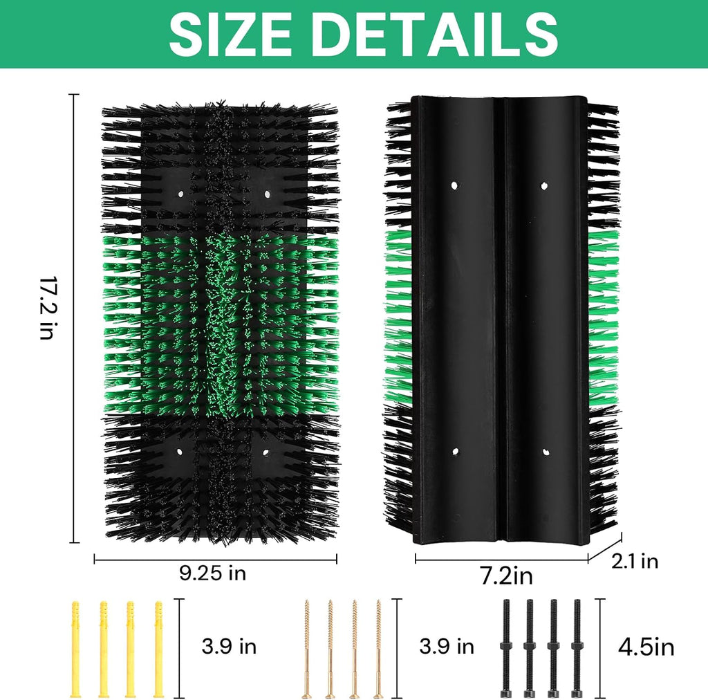 Two livestock scratching brushes showing green and black bristles